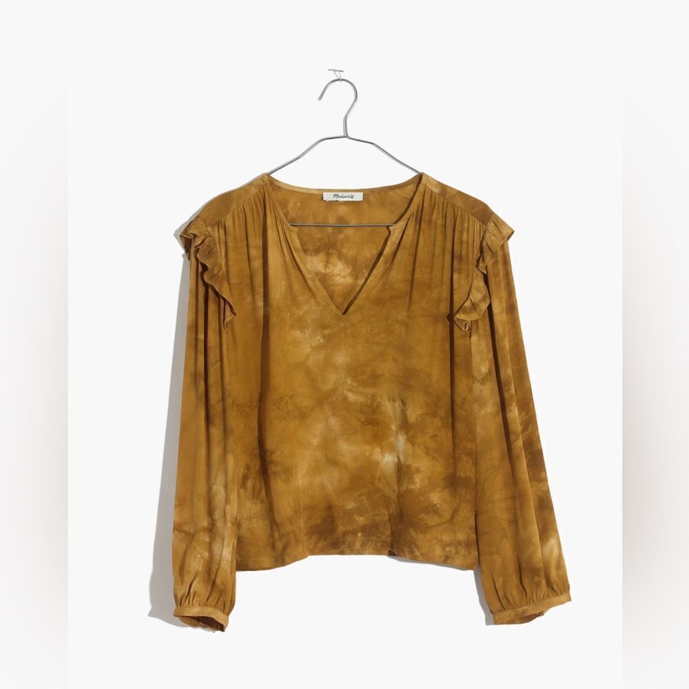 Madewell Tie Dye Ruffle Shoulder Top Brown Size S Long Sleeve Cropped - Picture 3 of 3